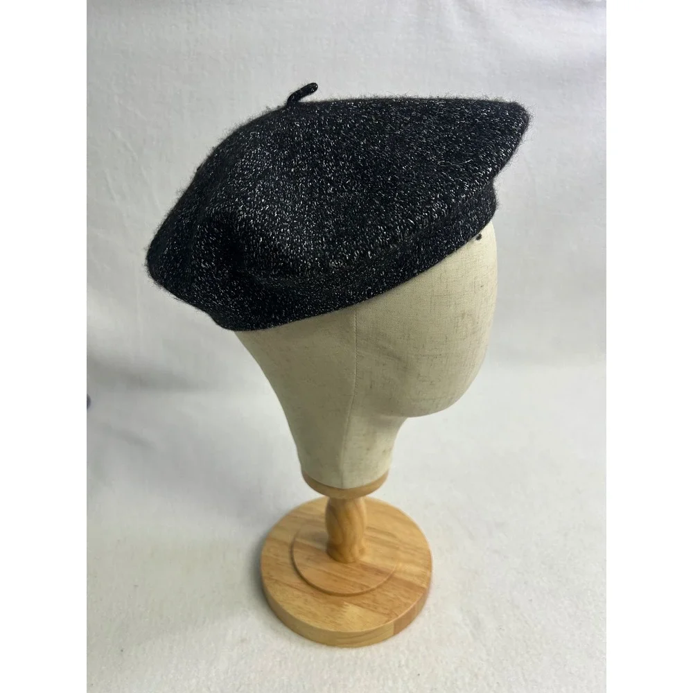French Chic Women OS Black Silver Metallic Sparkle Wool Beret Hat